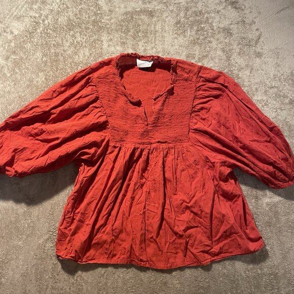 Universal Thread Blouse Womens Large Puff Sleeve Embroidered Burnt Orange Red - Picture 1 of 9